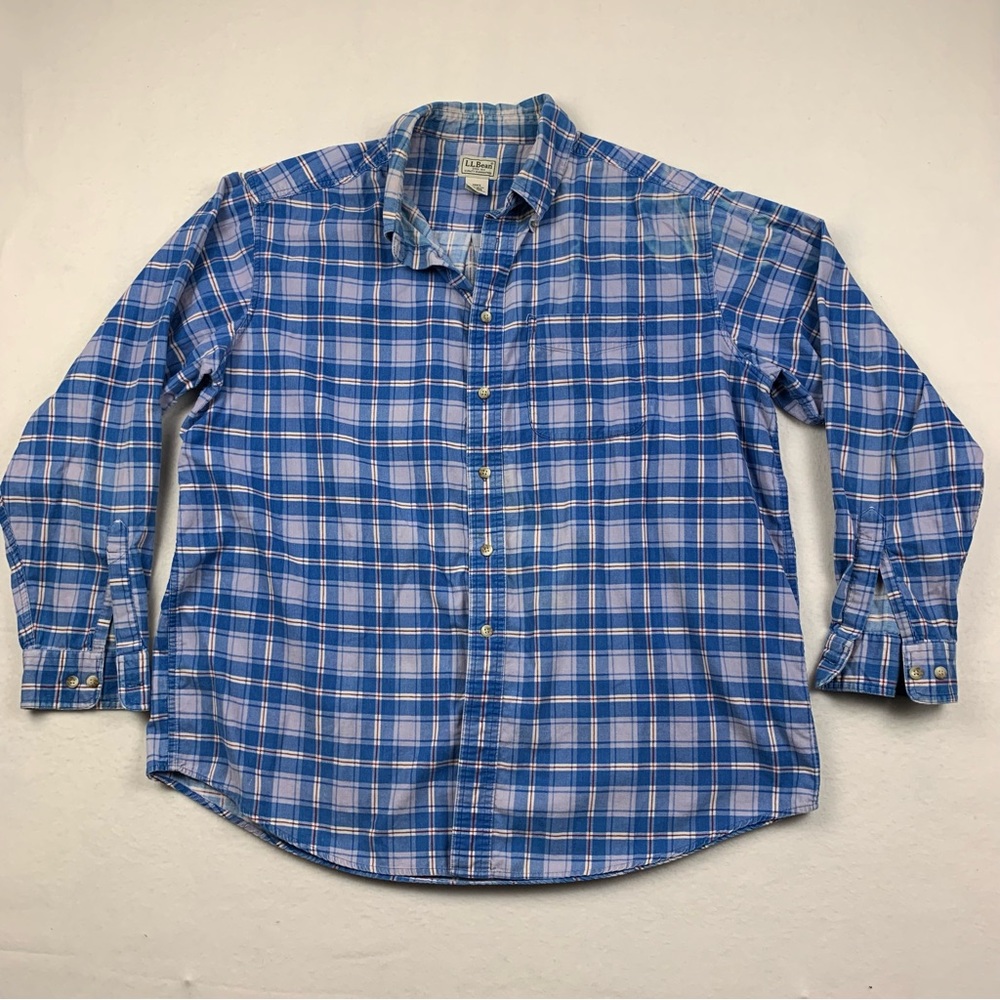 LL Bean Shirt Men XL Micro Corduroy Plaid Flannel Cotton Blue Check Outdoor Work
